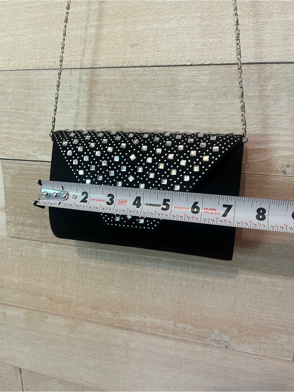 Black Embellished Evening Clutch with Chain Strap - Picture 4 of 8